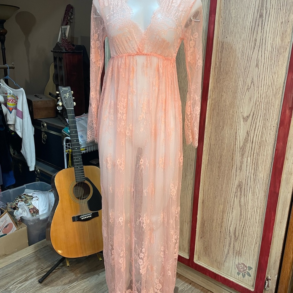 Sheer Lace Long Sleeve Dress in Peach